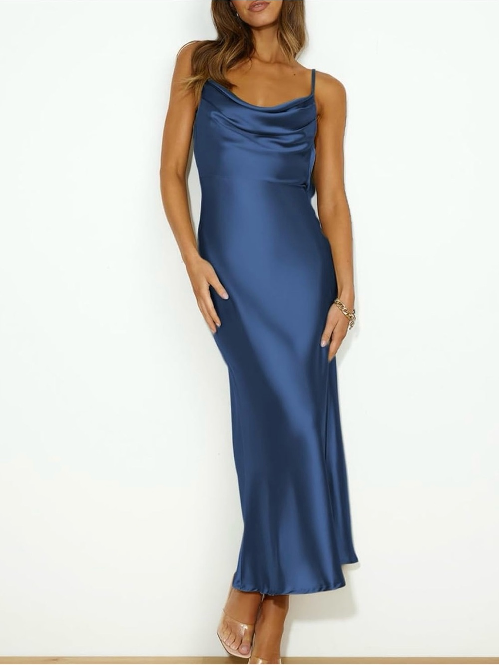 Satin Cowl Neck Slip Dress - Navy Blue - Picture 4 of 9